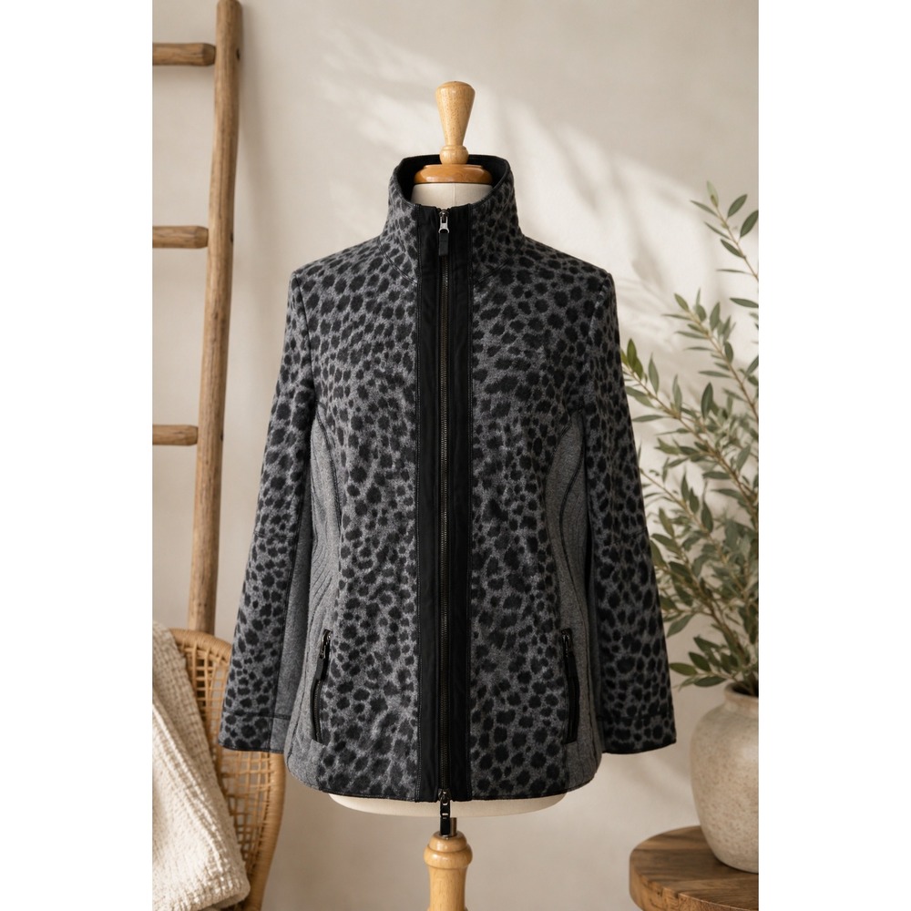 Gray Animal Print 100% Wool Zip Jacket‎ Women's XL EU 46 Soft Warm Leopard Coat